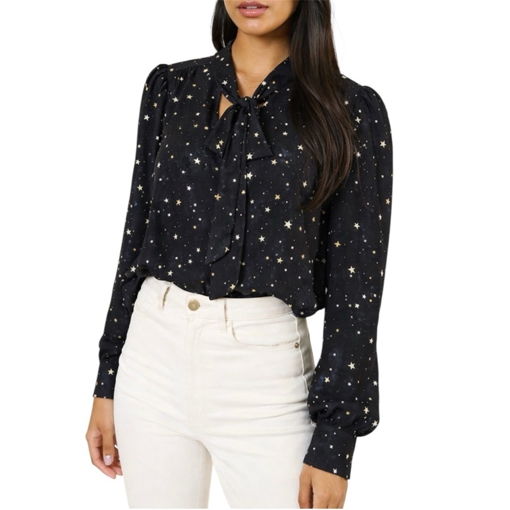 Investment Petites Star Print Tie-Neck Blouse – Black – Size PM – NWOT